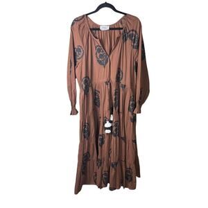 Anthropologie Omika Tiered Midi Long Sleeve Boho Resort Dress Brown Tassel XL
